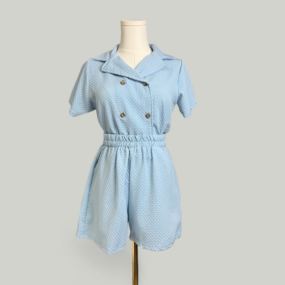 Top and Shorts Set Women Size Medium Blue Short Sleeves Cropped High Waisted - Picture 2 of 10
